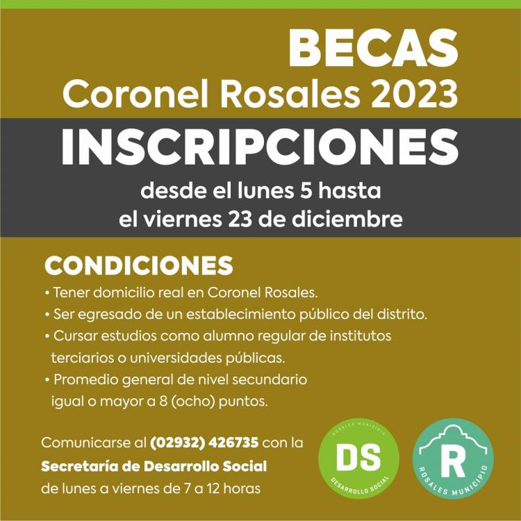 El 5 de diciembre de 2022 abre la inscripción para las Becas Coronel Rosales 2023 
