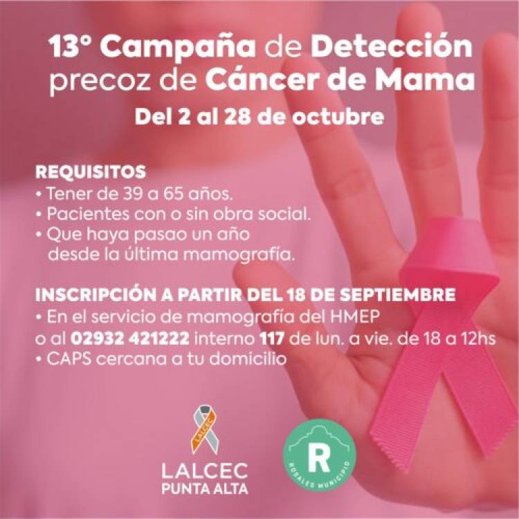 Desde el 2 de octubre se realizará la 13° “Campaña de detección precoz de Cáncer de Mama”