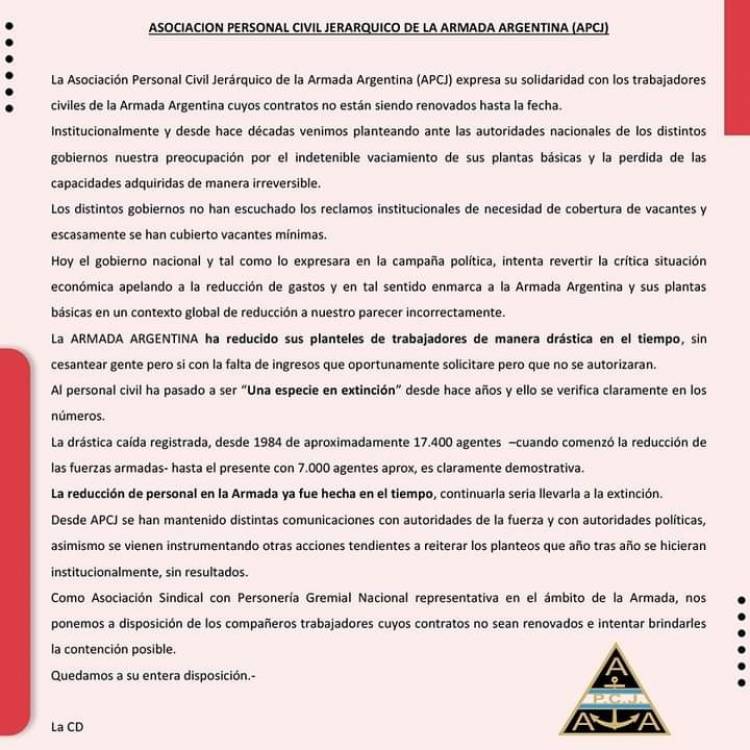 APCJ expresa su solidaridad con los trabajadores civiles de la Armada Argentina despedidos